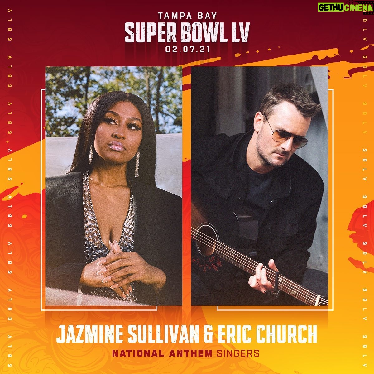 Jazmine Sullivan Instagram - I’ll be in Tampa Bay with @ericchurchmusic to sing the National Anthem for Super Bowl LV! Tune-in on Feb 7 to the Super Bowl on @cbstv Kick-Off Show at 6 PM ET #SBLV @nfl 🏈