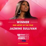 Jazmine Sullivan Instagram – Thank you @iheartradio for this recognition and congrats to all the other incredible nominees. R&B is alive and well! ❤️🙏🏾