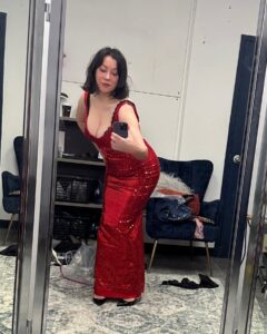 Jennifer Tilly Instagram - First wardrobe fitting for Tiffany. Dress created by the fabulous @catherine_ashton_costumes #chuckyseason3 #chuckybehindthescenes #chuckytvseries