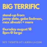 Jenny Slate Instagram - Hi, we are besties and we do a stand up comedy show together. It’s fucking great, so you should come! BIG TERRIFIC is at Largo on AUGUST 18th w a couple special guests! Tix on sale now @largolosangeles! Ps: very horny second pic by @lukefontana, body by @barbarasbakery I LOVE THE CHEESE CURLS GUYS I LOVE THEM