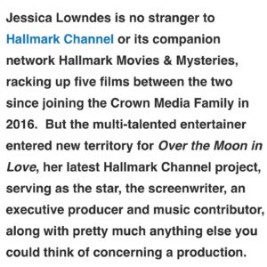 Jessica Lowndes Instagram - I wrote and produced this heartwarming film “Over The Moon in Love” (and composed all the music) initially for @hallmarkchannel and it’s now available on @amazonprime, @appletv, @googleplay and the @hallmarkmoviesnow app! 🌙 We filmed it in Vancouver (where I’m originally from) so I had the joy of featuring my Dad and Uncle as extras!!! 😂 SWIPE to the end for a glimpse of my Dad, portraying the “drummer” despite never having held drumsticks in his life. 🥁 Little did I anticipate having to film a kissing scene right in front of him! Clearly didn’t think that one through (should’ve made him the janitor 😅🤣) My Uncle’s expression in the top right-hand corner of the last photo cracks me up! 😂

Our theme song “Paradise” made it to #1 on the iTunes singer songwriter charts 🤯 and is available anywhere you stream music!