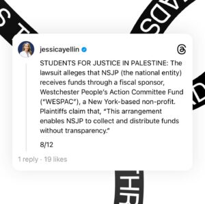 Jessica Yellin Instagram - A new lawsuit alleges that groups helping to organize and fund some of the student protests have ties to Hamas. 

Please read the whole carousel for context and more information. There is no allegation that student protesters are aware of any such ties. And any of these claims would have to be proven in court. I link to the lawsuit in stories. 

Going forward I will share public comment from the groups implicated by and named in the lawsuit. 

The lawsuit has far more detail than I shared here. Please read the lawsuit - it’s available to the public, filed in U.S. district Court for the Eastern District of Columbia. It’s filed by a highly reputable lawfirm. 

#####