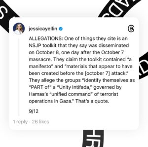 Jessica Yellin Instagram - A new lawsuit alleges that groups helping to organize and fund some of the student protests have ties to Hamas. 

Please read the whole carousel for context and more information. There is no allegation that student protesters are aware of any such ties. And any of these claims would have to be proven in court. I link to the lawsuit in stories. 

Going forward I will share public comment from the groups implicated by and named in the lawsuit. 

The lawsuit has far more detail than I shared here. Please read the lawsuit - it’s available to the public, filed in U.S. district Court for the Eastern District of Columbia. It’s filed by a highly reputable lawfirm. 

#####