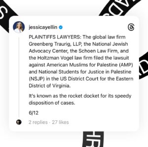 Jessica Yellin Instagram - A new lawsuit alleges that groups helping to organize and fund some of the student protests have ties to Hamas. 

Please read the whole carousel for context and more information. There is no allegation that student protesters are aware of any such ties. And any of these claims would have to be proven in court. I link to the lawsuit in stories. 

Going forward I will share public comment from the groups implicated by and named in the lawsuit. 

The lawsuit has far more detail than I shared here. Please read the lawsuit - it’s available to the public, filed in U.S. district Court for the Eastern District of Columbia. It’s filed by a highly reputable lawfirm. 

#####