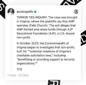 Jessica Yellin Instagram - A new lawsuit alleges that groups helping to organize and fund some of the student protests have ties to Hamas. 

Please read the whole carousel for context and more information. There is no allegation that student protesters are aware of any such ties. And any of these claims would have to be proven in court. I link to the lawsuit in stories. 

Going forward I will share public comment from the groups implicated by and named in the lawsuit. 

The lawsuit has far more detail than I shared here. Please read the lawsuit - it’s available to the public, filed in U.S. district Court for the Eastern District of Columbia. It’s filed by a highly reputable lawfirm. 

#####