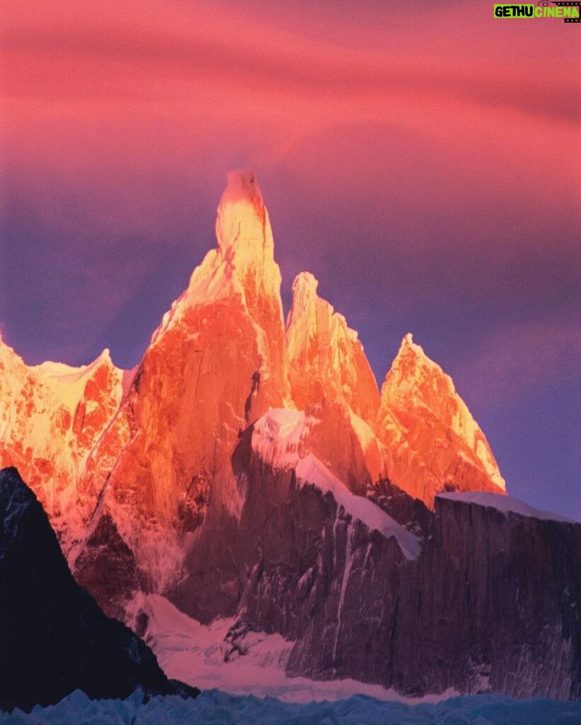 Jimmy Chin Instagram - Cerro Torre showing off at sunrise. Patagonia, Argentina, 2000. Prints available at link in bio.