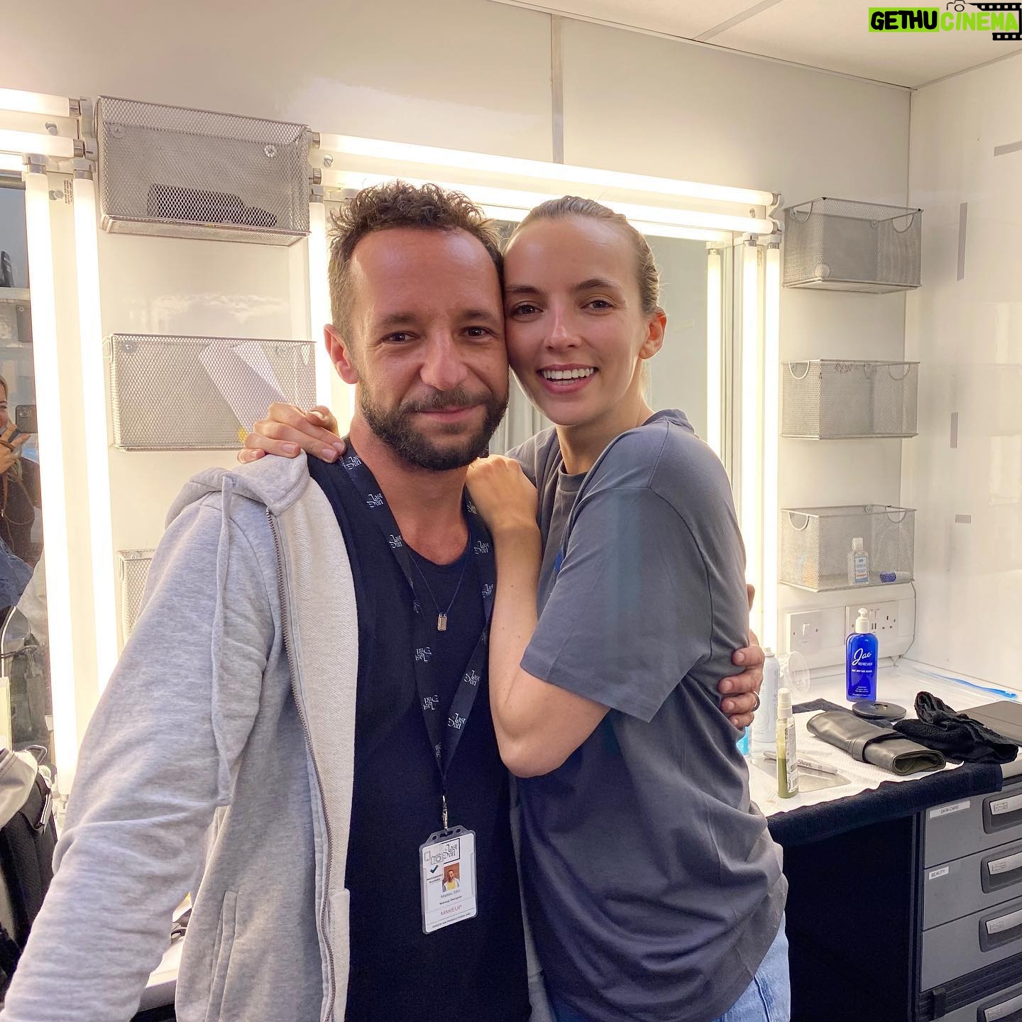 Jodie Comer Instagram - Such mixed emotions.... Ecstatic to have finished this movie given the circumstances, yet beyond sad to say goodbye to the most wonderful people. Many of them not pictured here but these 3 were trouble, the best kind! Thank you so much to the entire cast and crew. THE LAST DUEL ❤️