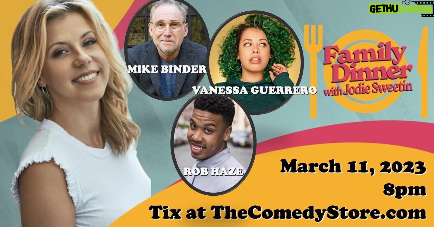 Jodie Sweetin Instagram - The next Family Dinner Show is coming to @thecomedystore on March 11th at 8pm With my hilarious friends @snesguerrero @robhaze and @themikebinder Come sit at the “kids table” (our audience) and get served up with laughs… family style. (But… definitely not family friendly) Get your tix now at thecomedystore.com Get tix soon, we sold out pretty quickly last time!! Make sure to follow @famdinshow for updates
