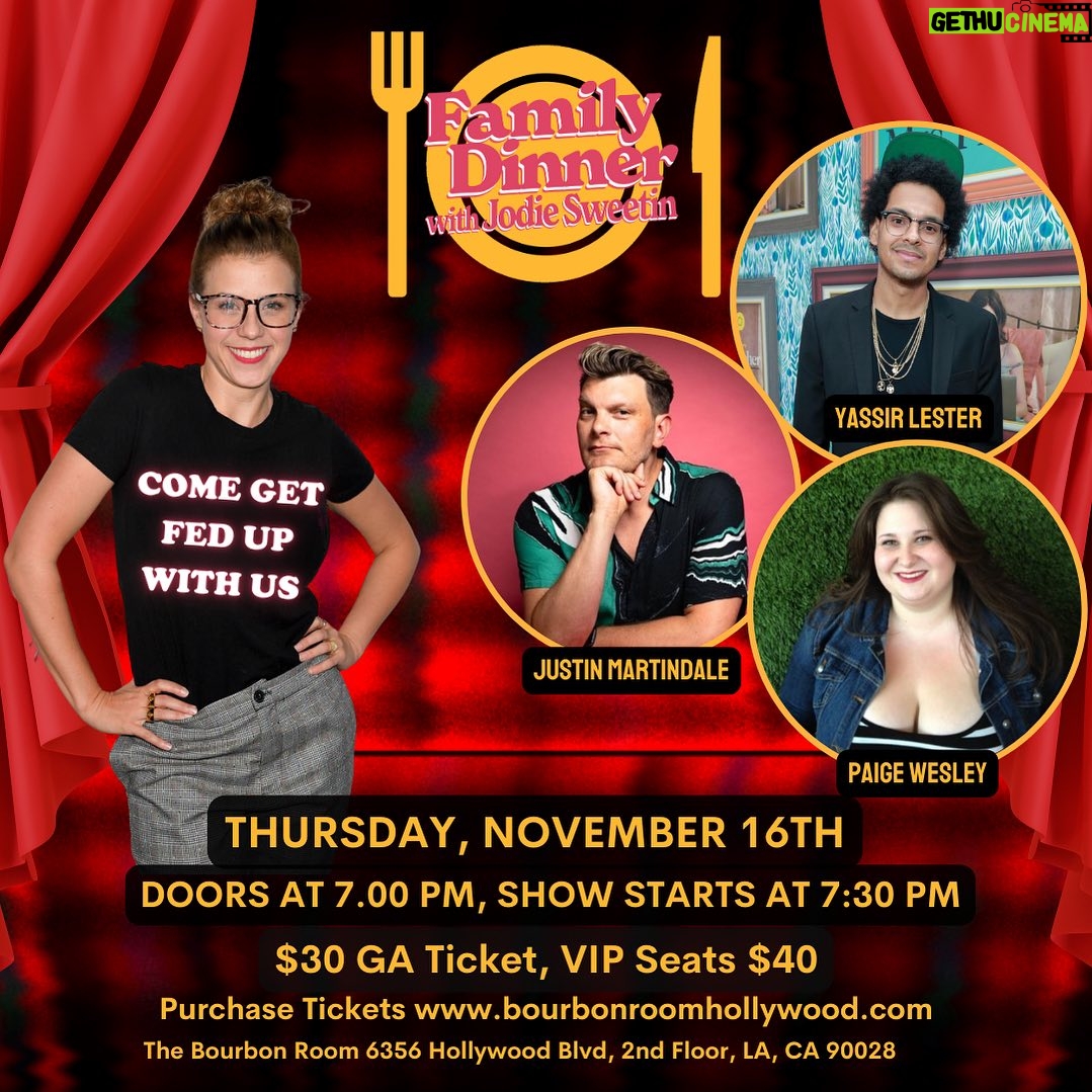 Jodie Sweetin Instagram - Tonight’s the Night! Thursday Nov 16 at 7:30PM You are cordially invited to: Family Dinner, the dinner party comedy show hosted by Jodie Sweetin (Full House/Fuller House, DWTS)! Every month Jodie leads a conversation based on a topical theme with a panel of comedians while they play games, exchange personal stories, and share a "delicious meal." The show runs more like a podcast, with conversation happening between everyone on stage while the audience acts as the “kids table.” Every month, this completely interactive show completely sells out so come get fed up with us while you still can! Tickets are available NOW at the link in bio, as always!