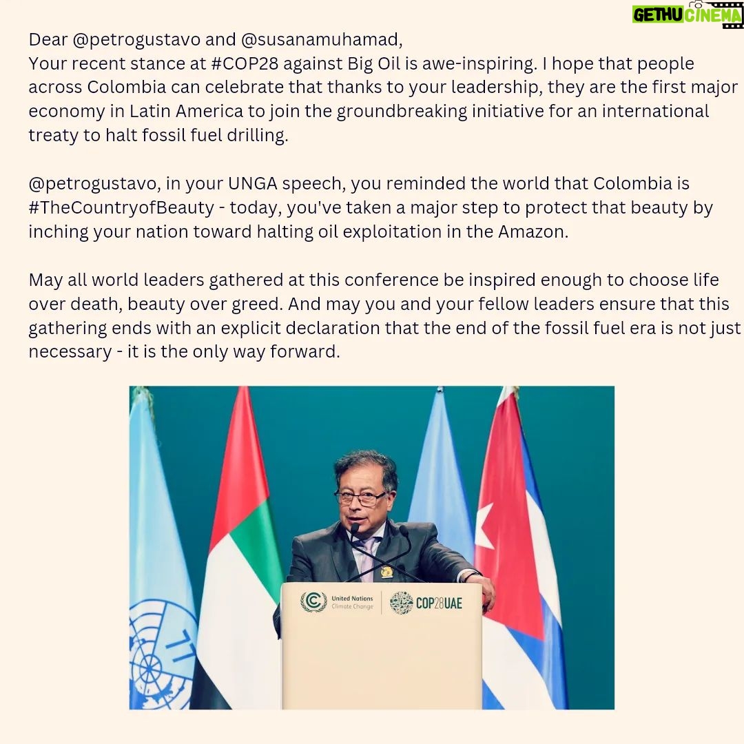 John Leguizamo Instagram - Dear @petrogustavo and @susanamuhamad, your recent stance at #COP28 against Big Oil is awe-inspiring. I hope that people across Colombia can celebrate that thanks to your leadership, they are the first major economy in Latin America to join the groundbreaking initiative for an international treaty to halt fossil fuel drilling. @petrogustavo, in your UNGA speech, you reminded the world that Colombia is #TheCountryofBeauty - today, you've taken a major step to protect that beauty by inching your nation toward halting oil exploitation in the Amazon. May all world leaders gathered at this conference be inspired enough to choose life over death, beauty over greed. And may you and your fellow leaders ensure that this gathering ends with an explicit declaration that the end of the fossil fuel era is not just necessary - it is the only way forward.