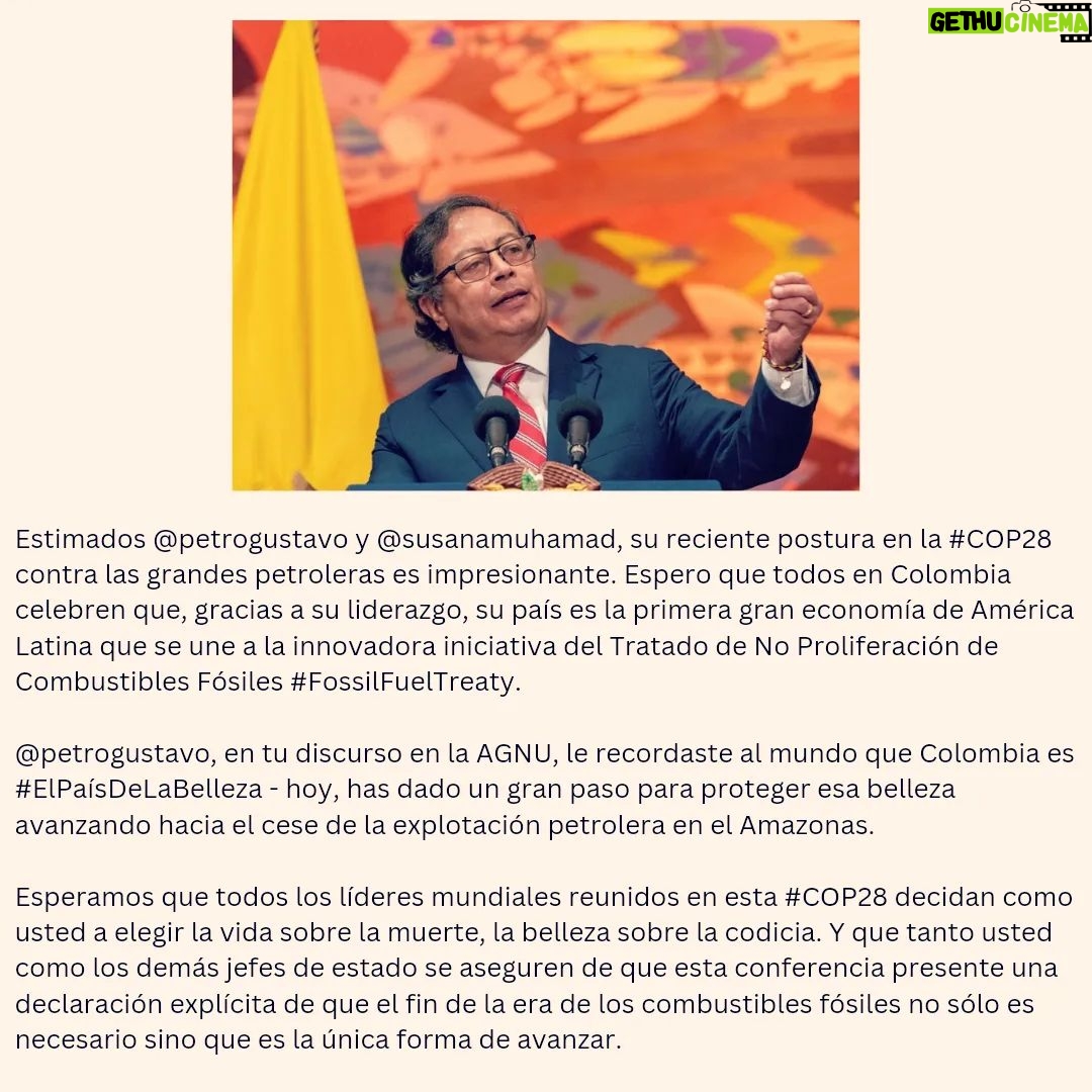 John Leguizamo Instagram - Dear @petrogustavo and @susanamuhamad, your recent stance at #COP28 against Big Oil is awe-inspiring. I hope that people across Colombia can celebrate that thanks to your leadership, they are the first major economy in Latin America to join the groundbreaking initiative for an international treaty to halt fossil fuel drilling. @petrogustavo, in your UNGA speech, you reminded the world that Colombia is #TheCountryofBeauty - today, you've taken a major step to protect that beauty by inching your nation toward halting oil exploitation in the Amazon. May all world leaders gathered at this conference be inspired enough to choose life over death, beauty over greed. And may you and your fellow leaders ensure that this gathering ends with an explicit declaration that the end of the fossil fuel era is not just necessary - it is the only way forward.