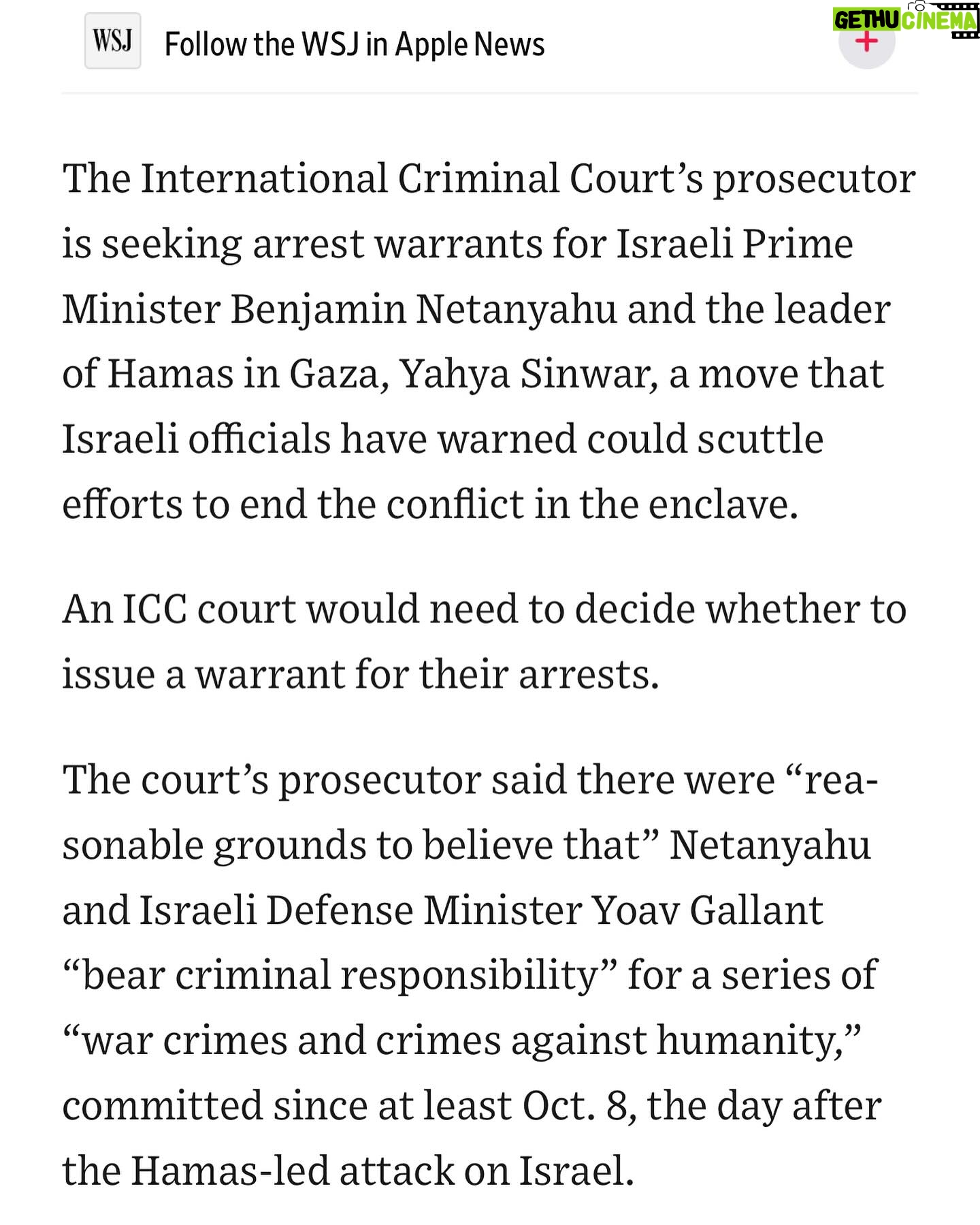 Joy Reid Instagram - From the @wsj — The International Criminal Court’s prosecutor is seeking arrest warrants for Israeli Prime Minister Benjamin Netanyahu and the leader of Hamas in Gaza, Yahya Sinwar, a move that Israeli officials have warned could scuttle efforts to end the conflict in the enclave. An ICC court would need to decide whether to issue a warrant for their arrests. Full story at @wsj