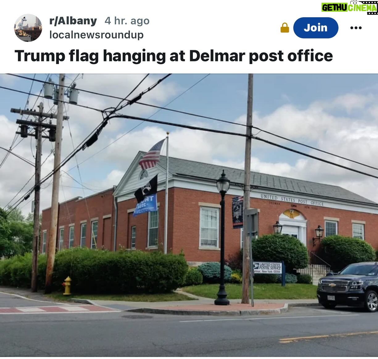 Joy Reid Instagram - What a time to be alive. Someone in the Albany area town of Delmar thought it wisdom to hoist a Trump 2024 campaign at the local post office. The flag hoist touched off a spicy @reddit conversation (filled with disgust for whoever did it) and now it seems the flag touting the man who called military veterans “losers and suckers” will come down. Go figure… From the local NBC affiliate: Delmar, NY (WRGB) — A new flag flown at the Delmar Post Office Monday morning. A third flag was added to the flag pole stationed outside government building: the American flag, followed by a POW flag, and finally a 2024 Donald Trump for President flag. A representative for the Postal Service says that the flag was not placed there by post office employees and “will be removed as soon as possible.” Police say they have reached out to the Office of the Postal Inspector, pending investigation.