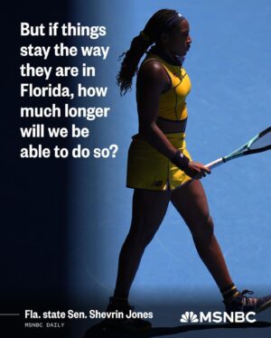Joy Reid Instagram - Well done, @rondesantis … 
.
Repost from @msnbc
•
“Coco Gauff, the reigning U.S. Open champion who’s considered a favorite at the French Open tournament that begins this weekend, told The Associated Press in an interview that right now is ‘a crazy time to be a Floridian, especially a Black one at that,’” writes Florida state Sen. Shevrin Jones.

“As a state senator who represents Miami Gardens, Florida’s largest majority-Black city, I applaud Gauff for standing up and speaking out against the state’s open hostility toward Black Americans.”

“[Gov. Ron] DeSantis needs to own the fact that he’s the reason why prominent athletes, companies, civil rights organizations, current residents and visitors alike are declaring our state as unsafe and hostile to millions of Americans,” Jones writes. “Over the last five years, he and the Legislature he controls have led an aggressive assault on civil liberties and rights — putting Black Americans, the LGBTQ community, immigrants and women in the crosshairs.”

Click the link in bio to read more.