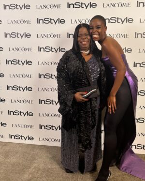 Joy Sunday Instagram - only the latest @laquan_smith for the latest @lancomeofficial girl ✨💜 

last night was magical. I’m so lucky to have shared this moment with my family. I’m grateful to all the spirits that made us feel at home. Thank you to Sheika for fixing my makeup every 3 seconds since I kept tearing up 🤣 and shoutout to the only @kamkorderz for making my mama radiant!

I know yall are tired of the novels, so I’ll keep it simple, beautiful. thank you. 🌹🤍

#lancome #makeupbysheiks #joysunday