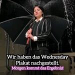 Joyce Ilg Instagram - Wir haben das Wednesday Plakat nachgestellt 🖤 Morgen seht ihr das fertige Ergebnis! 😍 Ein tristes Weekend wünscht euch eure Wednesday Joyce 😂 #Wednesday #addamsfamily #Filmplakat #umbrella #photoshoot