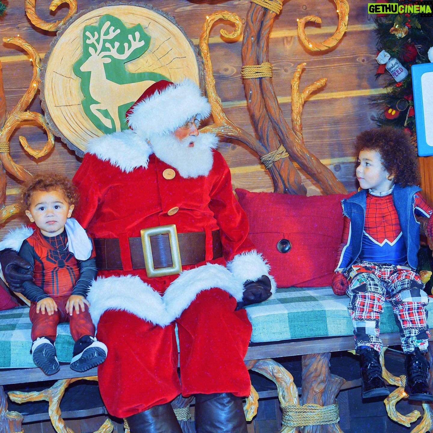 Jude Demorest Instagram - our first time meeting Santa… and Spider-Man… and Black Panther and Okeye… in the same day?! a VERY Merry Christmas to you and yours from me & mine.🤍🙏🤘🕸️❄️🎄👼🏽