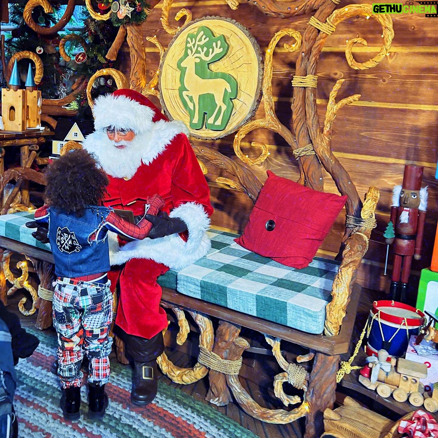 Jude Demorest Instagram - our first time meeting Santa… and Spider-Man… and Black Panther and Okeye… in the same day?! a VERY Merry Christmas to you and yours from me & mine.🤍🙏🤘🕸️❄️🎄👼🏽