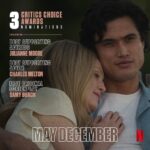 Julianne Moore Instagram – Thank you Critics Choice Awards for nominating MAY DECEMBER’s Julianne Moore for Best Supporting Actress, Charles Melton for Best Supporting Actor and Samy Burch for Best Original Screenplay!