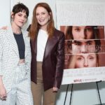 Julianne Moore Instagram - Kristen Stewart with Julianne Moore, Samy Burch and Alex Mechanik at a special screening of MAY DECEMBER. 📸: Getty Images