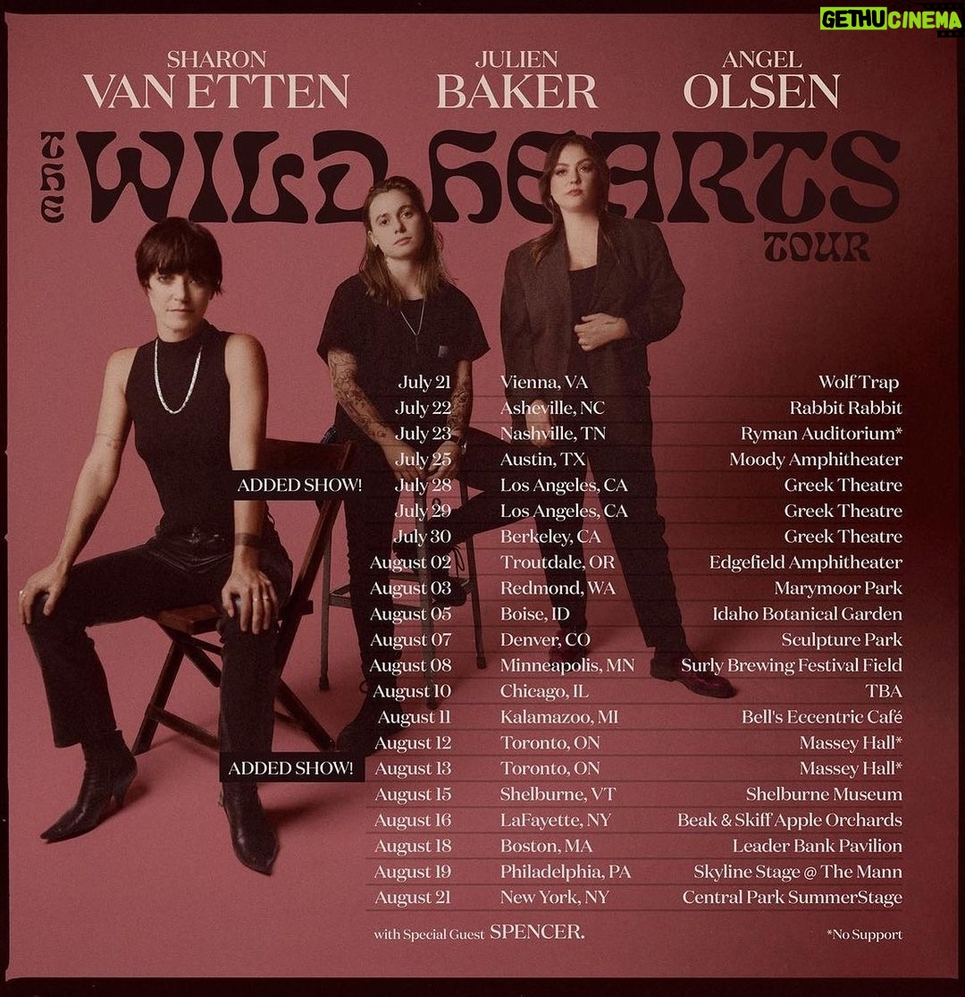 Julien Baker Instagram - Tickets for The Wild Hearts Tour are on sale now! Due to overwhelming demand, we added second shows in Toronto and LA! All tickets are at the link in bio. 7/21 Vienna VA - WolfTrap 7/22 Asheville, NC - Rabbit Rabbit 7/23 Nashville, TN - Ryman Auditorium 7/25 Austin, TX - Moody Amphitheater 7/28 Los Angeles, CA- Greek Theatre 7/29 Los Angeles, CA- Greek Theatre 7/30 Berkeley, CA - Greek Theatre 8/2 Troutdale, OR - Edgefield Amphitheater 8/3 Redmond, WA - Marymoor Park 8/5 Boise, ID - Idaho Botanical Garden 8/6 Salt Lake City, Utah - TBA 8/7 Denver, CO - Sculpture Park 8/9 Minneapolis, MN - Surly Brewing Festival Field 8/10 Chicago, IL - TBA 8/11 Kalamazoo, MI - Bell's Eccentric Café 8/12 Toronto, ON - Massey Hall 8.13 Toronto, ON - Massey Hall 8/15 Shellburne, VT - Shelburne Musuem 8/16 LaFayette, NY - Beak & Skiff Apple Orchards 8/18 Boston, MA - Leader Bank Pavilion 8/19 Philadelphia, PA - Skyline Stage @ The Mann 8/21 New York, NY - Central Park SummerStage