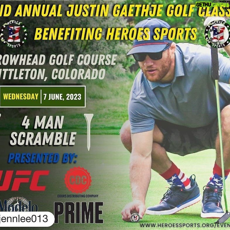 Justin Gaethje Instagram - Link in bio!! #Repost @jennlee013 with @get.repost ・・・ We are less than three weeks away from the 2nd Annual Justin Gaethje Golf Classic benefiting Heroes Sports. Sponsorships are still available and only 8 foursomes remaining! Help us raise money for this great cause and hang with @justin_gaethje as he prepares for UFC 291 and that BMF Title!!! If you want to sponsor our buy a foursome click the link in my bio, or DM me for more information!