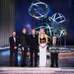 Kaitlin Olson Instagram - 75th annual Emmy Awards! We were happy to wait 75 years to be invited into the building. Congratulations to @robmcelhenney on his big @wrexhamfx wins and also for being very handsome. Hair: @hairbyabbyroll Makeup: @theadorable1 styling: @rhondaspiesstylist @laurabasci Dress @monotofficial Jewlery @nicolerosejewelry, @xivkarats, @dena_kemp, @zydoitaly Clutch @rodofirenze Shoes @larroude