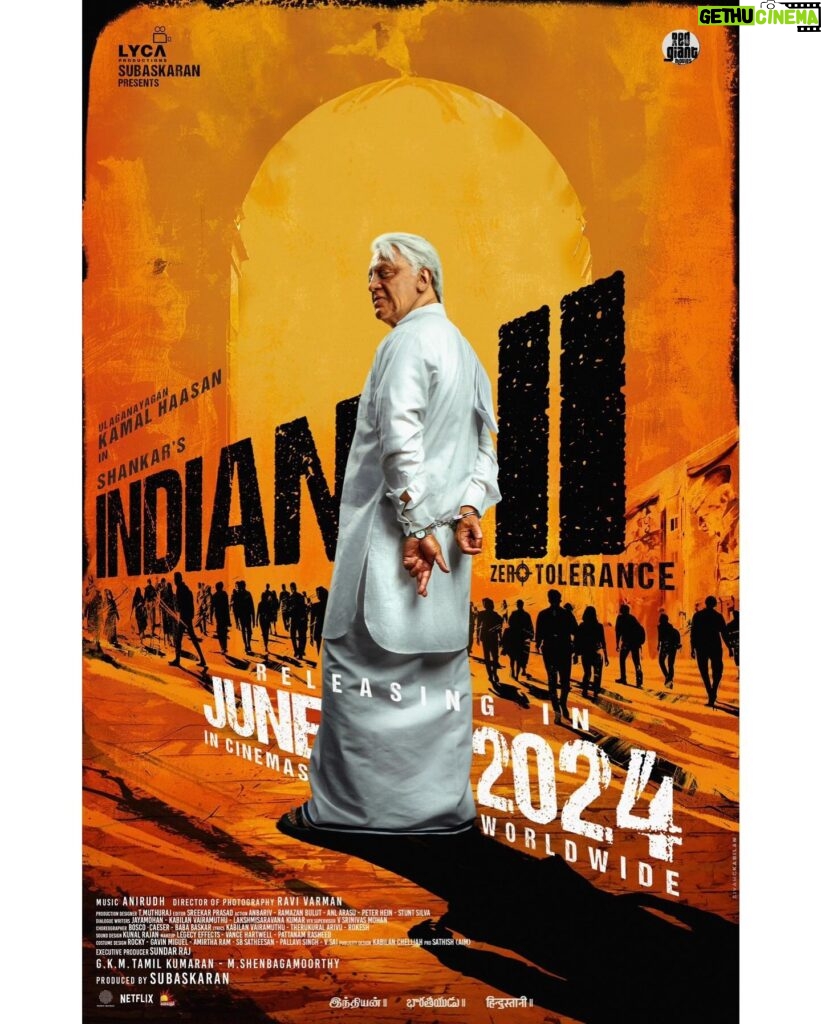 Kamal Haasan Instagram - Gear up for the comeback of Senapathy!🤞INDIAN-2 🇮🇳 is all set to storm in cinemas this JUNE. Mark your calendar for the epic saga! 🫡🔥 #Indian2 🇮🇳 🌟 #Ulaganayagan @ikamalhaasan 🎬 @shanmughamshankar 🎶 @anirudhofficial 📽️ @r_varman_ ✂️🎞️ @sreekarprasa 🛠️ @muthurajthangavel 🌟 @worldofsiddharth @kajalaggarwalofficial @rakulpreet @iam__sjsuryah @actorvivekh @actorsimha #NedumudiVenu #Samuthirakani @priyabhavanishankar #Manobala @gulshangrover @officialpiyushmishra #Brahmanandam 🪙 @lycaproductions #Subaskaran @redgiantmovies_ 🤝 @gkmtamilkumaran #MShenbagamoorthy 🦾 @anbariv_action_director #RamazanBulut @anlarasu007 @peterheinoffl #GrantHulley ✍🏻 #Jeyamohan @kabilanvairamuthu @saravanakumarlakshmi | #HanumaanChoudary | 👾 @srinivasmohanvfx 🕺🏻💃🏻 @boscomartis @premrakshith_choreographer 🎶📝 @pavijaypoet @kavignarthamarai @kabilanvairamuthu @therukural 🔊 @kunalrajan 🪞 @legacyeffects #VanceHartwell @rasheedpattanam 👕👗 @rockystarofficial #GavinMiguel @amritha.ram #SBSatheesan @pallavi_85 🎨 @redchillies.color 🖼️ @kabilanchelliah 🧾 @sundarksam19 📢 @teamaimpro | #BeyondMedia | @universal_communications | @prosabari_17 | @harisharasu_pro #Hindustani2 #Bharateeyudu2 #ZeroTolerance