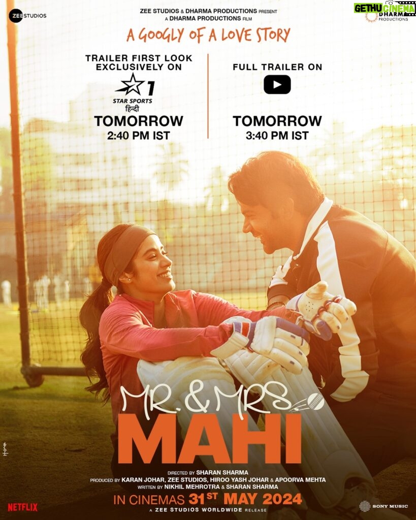 Karan Johar Instagram - Ek sapna, do dil!🫶 A fresh innings of love & dreams is set to deliver an imperfectly perfect partnership with the #MrAndMrsMahi TRAILER - OUT TOMORROW!!!!👏 In cinemas 31st May. @apoorva1972 @rajkummar_rao @janhvikapoor @sharanssharma @mehrotranikhil @somenmishra @dharmamovies @zeestudiosofficial @sonymusicindia