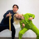 Kelli Erdmann Instagram - Panty hose pull challenge with the master himself @uespiiiiii 😱 #tableclothpullchallenge #funny #trick #pantyhose #tokyo #mruekusa