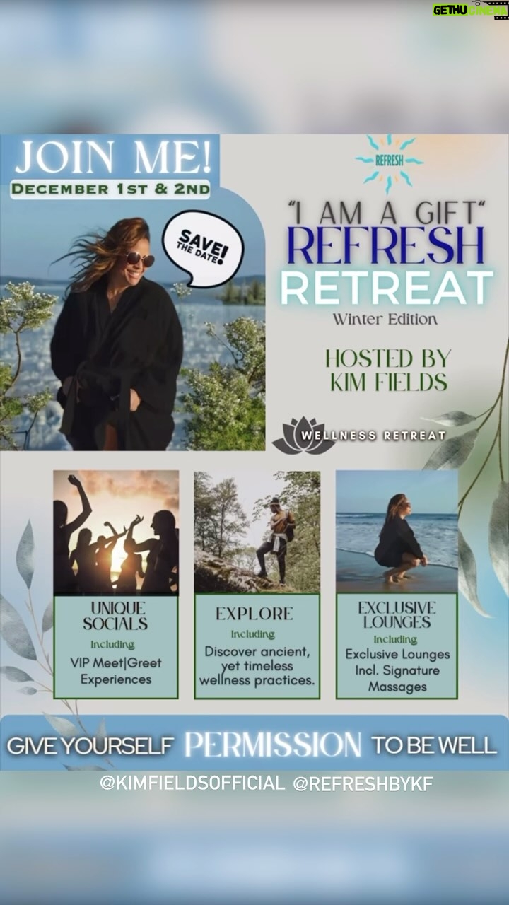 Kim Fields Instagram - SAVE THE DATE TO RETREAT W/ ME! Here’s what we have creating JUST FOR YOU!!! MY INAUGURAL REFRESH RETREAT Winter Edition DEC. 1st & 2nd! Wellness? WellYES! This is designed for EVERY BODY. Mark your calendars and stay connected for ALL THE DETAILS COMING! Can’t wait to tell you all about the spaces and experiences we are curating for you to GIVE YOURSELF PERMISSION TO BE WELL!😘🥂😘 #wellness #retreat #winter #health #refresh #inspire #move #lifestyle #rest #unplug #recharge #unwind #explore #discover