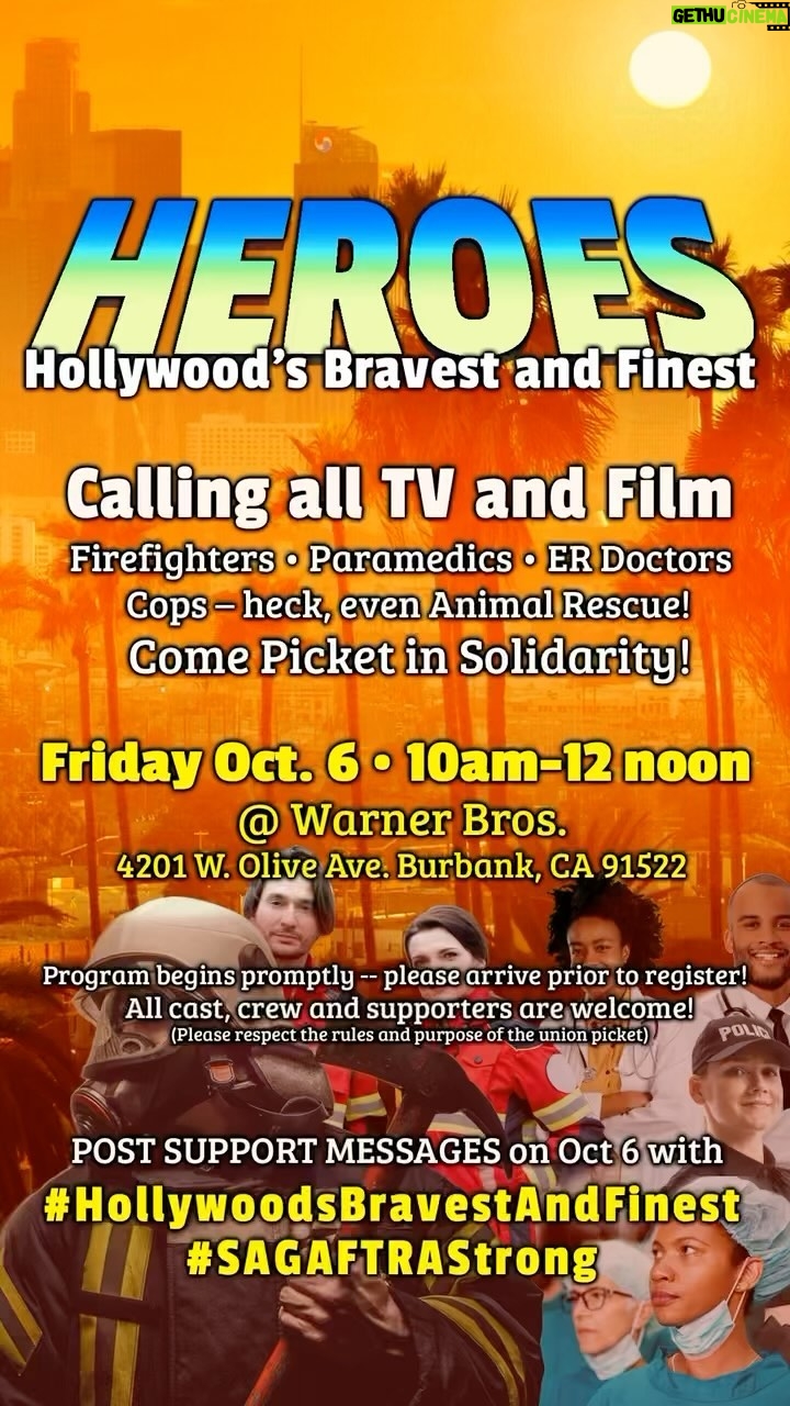 Kim Raver Instagram - We are thrilled for our sister union at #WGA who have a deal and are able to get back to work 💪 Next week is a very important week for SAG/AFTRA! Come and walk in solidarity for #SAGAFTRA on October 6th at Warner Brothers! Whether you’ve worked one day or twenty years on any show or movie about Cops, Firefighters, Paramedics, ER Doctors —even Animal Rescue— or you’re a supporter of these projects, come and join us! You can also show your support on social media by using the hashtags #HollywoodsBravestAndFinest #SAGAFTRAStrong 💜