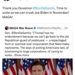 Kimberly Guilfoyle Instagram – Thank you Governor @rondesantis. Time to unite so we can crush Joe Biden in November! MAGA! 🇺🇸