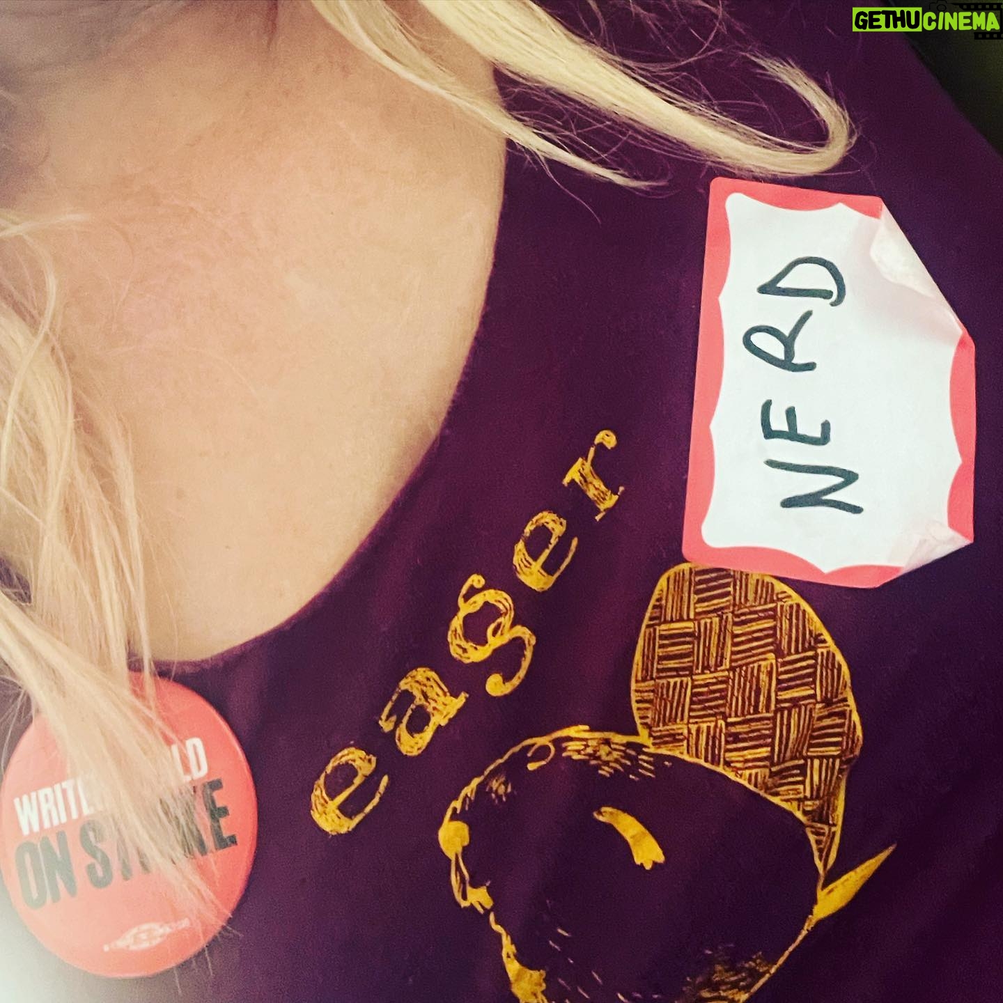 Kirsten Vangsness Instagram - Today was “character actor” day at the #sagstrike and the deal was to put who you are mostly known for in your name tag btw I speak the nerd word with love to myself and others and I look forward to the strike being over and the studios to PULL IT TOGETHER so I can nerd it up @criminalminds