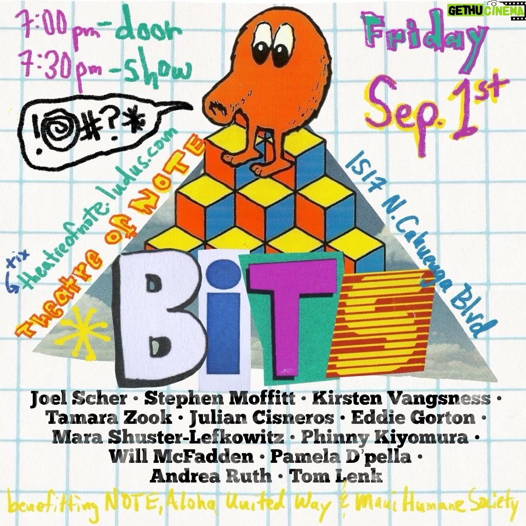 Kirsten Vangsness Instagram - Bits! Art to come and behold on September the 1st @theatreofnote It’s a swell time that induces wonder and expansion for all who participate. @principalofcomedy @meowmixedkid @orinlfs @tommylenk @pamelladpella @juliancisneros @saltybabyla @tamarazook @phinnykiyomura @doyouknowthemoffittman @mr.willmcfadden