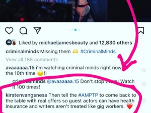 Kirsten Vangsness Instagram - IT WAS A VERY WARM DAY. And I missed a part of my leg with the sunscreen to prove it but @aishatyler and Jack Patterson (who does the wonderful @criminalminds Visual descriptions and everyone should HIRE HIM big ups to @omundson for seeing I had Jacks name off 🩷) are happy to be out here #sagaftrastrong #sagaftrastrike