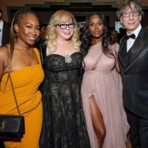 Kirsten Vangsness Instagram - My arm candy (not really, I find our friendship very nutritious, he’s more like arm mushrooms and I was his guest so that makes me the mushrooms) @neilhimself was wearing THE COOLEST SUIT while being his lovely self and being honored for being THE COOLEST CREATIVE  @theartofelysium Neil Gaiman’s Heaven twas true nerd heaven- the set was a library and people read from books and genius @jeremyoharris was our librarian for the evening. @theartofelysium is doing extraordinary things using the arts to create heart opening experiences for folks in our most vulnerable communities, it’s a lovely place to volunteer and give to and I was happy to learn of them this evening.