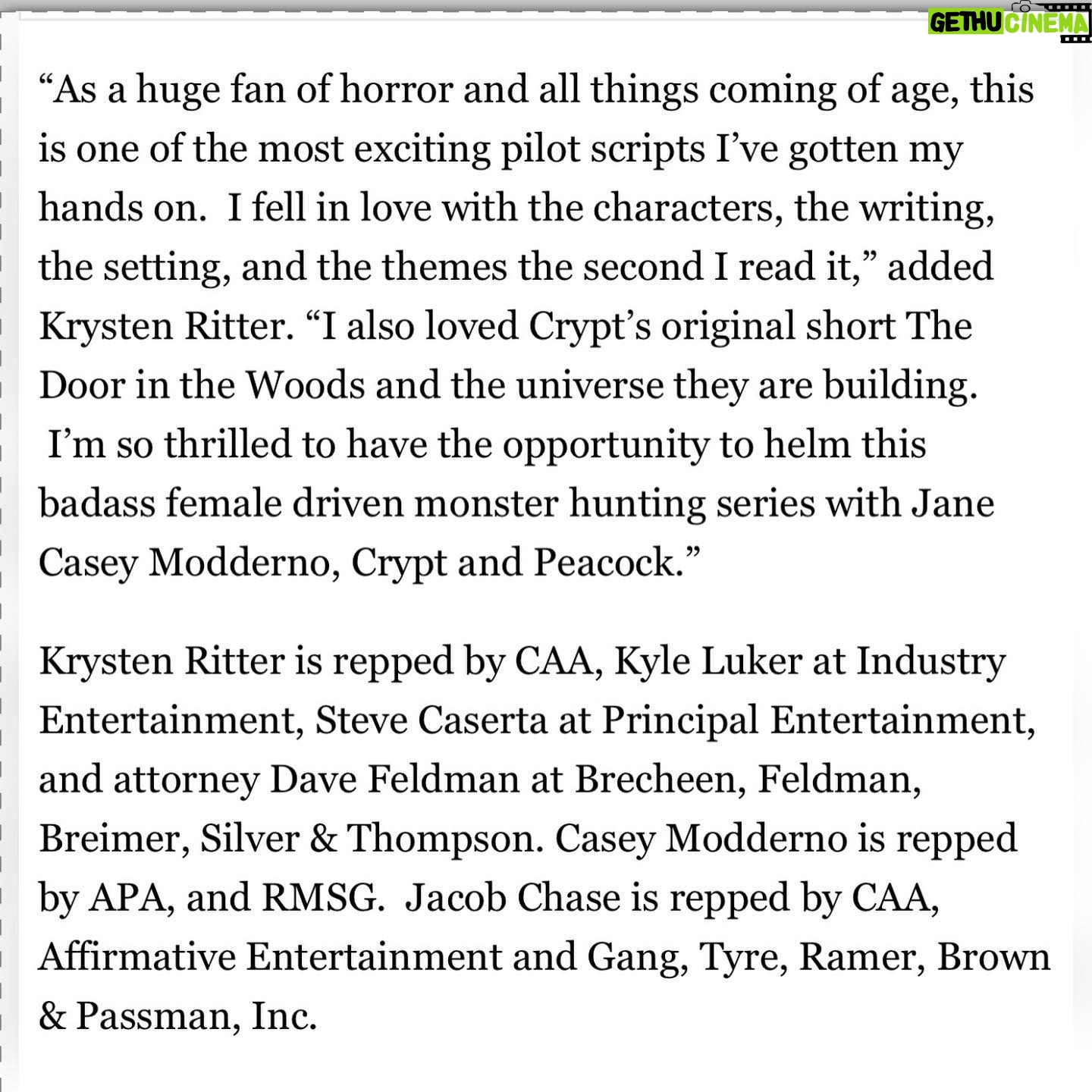 Krysten Ritter Instagram - Having the time of my life over here. I am SO EXCITED to be directing the pilot/first four episodes and co-executive producing this new sick show for @peacocktv and @crypttv ! ππ₯ππ»π¬ thanks @deadline for the rad release and my amazing team @princesskylenyc @dfeldesq @creativeartistsagency π» - here we go!