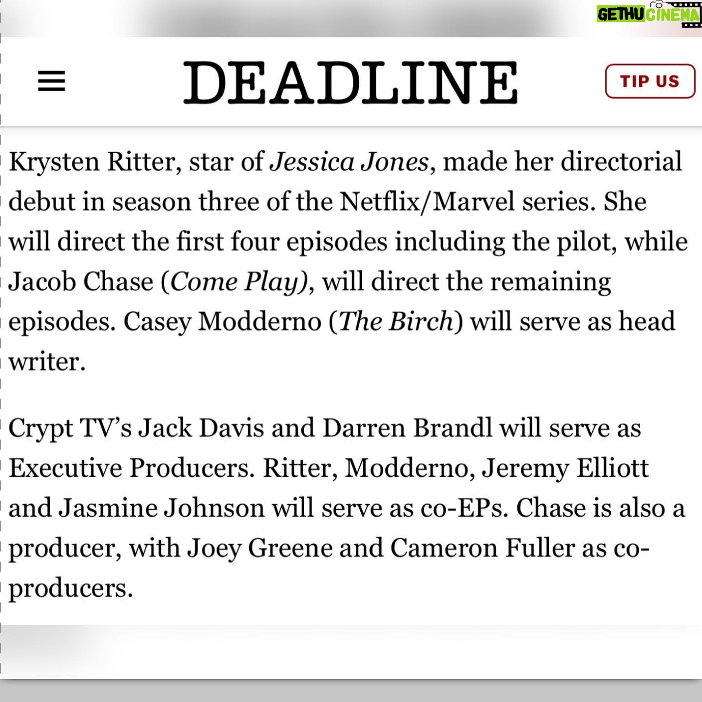 Krysten Ritter Instagram - Having the time of my life over here. I am SO EXCITED to be directing the pilot/first four episodes and co-executive producing this new sick show for @peacocktv and @crypttv ! ππ₯ππ»π¬ thanks @deadline for the rad release and my amazing team @princesskylenyc @dfeldesq @creativeartistsagency π» - here we go!