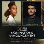 Kumail Nanjiani Instagram - And the Nominees are… Join us tomorrow, Wednesday, January 10th, as @issarae and @kumailn take the stage to announce the 30th Screen Actors Guild Awards nominees, live on @sagawards and @netflix IG! ✨ #SAGAwards