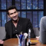 Kumail Nanjiani Instagram - I did @latenightseth with @sethmeyers to talk about Welcome to Chippendales. Photo by Lloyd Bishop/NBC Suit @moschino Shoes @louboutinworld Grooming @melissa.dezarate Styling @jeanneyangstyle @chloekeiko Assisted by @ellaaaaarose