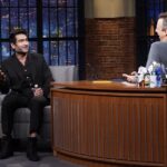 Kumail Nanjiani Instagram - I did @latenightseth with @sethmeyers to talk about Welcome to Chippendales. Photo by Lloyd Bishop/NBC Suit @moschino Shoes @louboutinworld Grooming @melissa.dezarate Styling @jeanneyangstyle @chloekeiko Assisted by @ellaaaaarose