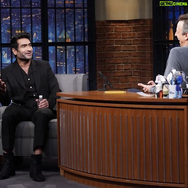 Kumail Nanjiani Instagram - I did @latenightseth with @sethmeyers to talk about Welcome to Chippendales. Photo by Lloyd Bishop/NBC Suit @moschino Shoes @louboutinworld Grooming @melissa.dezarate Styling @jeanneyangstyle @chloekeiko Assisted by @ellaaaaarose
