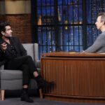 Kumail Nanjiani Instagram - I did @latenightseth with @sethmeyers to talk about Welcome to Chippendales. Photo by Lloyd Bishop/NBC Suit @moschino Shoes @louboutinworld Grooming @melissa.dezarate Styling @jeanneyangstyle @chloekeiko Assisted by @ellaaaaarose