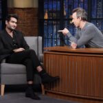 Kumail Nanjiani Instagram - I did @latenightseth with @sethmeyers to talk about Welcome to Chippendales. Photo by Lloyd Bishop/NBC Suit @moschino Shoes @louboutinworld Grooming @melissa.dezarate Styling @jeanneyangstyle @chloekeiko Assisted by @ellaaaaarose