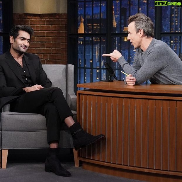 Kumail Nanjiani Instagram - I did @latenightseth with @sethmeyers to talk about Welcome to Chippendales. Photo by Lloyd Bishop/NBC Suit @moschino Shoes @louboutinworld Grooming @melissa.dezarate Styling @jeanneyangstyle @chloekeiko Assisted by @ellaaaaarose