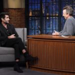 Kumail Nanjiani Instagram - I did @latenightseth with @sethmeyers to talk about Welcome to Chippendales. Photo by Lloyd Bishop/NBC Suit @moschino Shoes @louboutinworld Grooming @melissa.dezarate Styling @jeanneyangstyle @chloekeiko Assisted by @ellaaaaarose