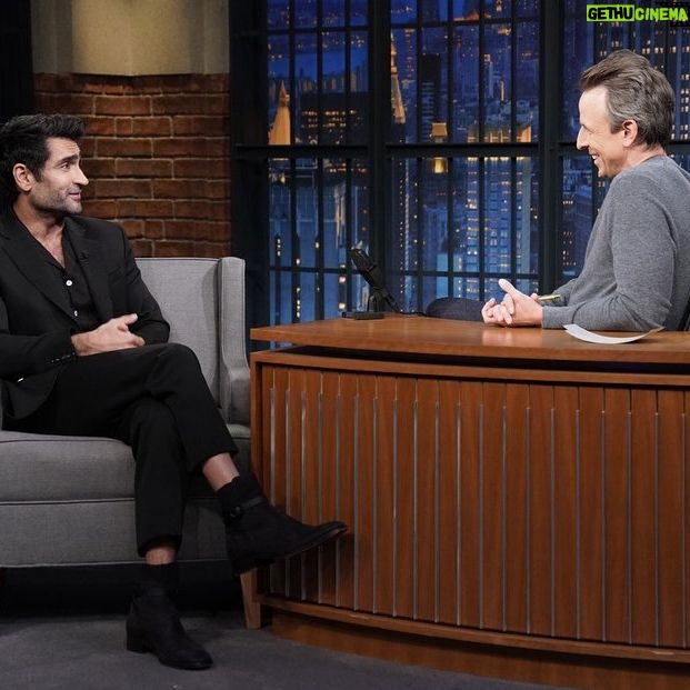 Kumail Nanjiani Instagram - I did @latenightseth with @sethmeyers to talk about Welcome to Chippendales. Photo by Lloyd Bishop/NBC Suit @moschino Shoes @louboutinworld Grooming @melissa.dezarate Styling @jeanneyangstyle @chloekeiko Assisted by @ellaaaaarose