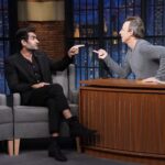 Kumail Nanjiani Instagram - I did @latenightseth with @sethmeyers to talk about Welcome to Chippendales. Photo by Lloyd Bishop/NBC Suit @moschino Shoes @louboutinworld Grooming @melissa.dezarate Styling @jeanneyangstyle @chloekeiko Assisted by @ellaaaaarose