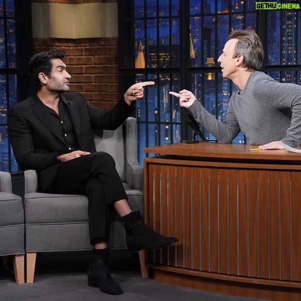 Kumail Nanjiani Instagram - I did @latenightseth with @sethmeyers to talk about Welcome to Chippendales. Photo by Lloyd Bishop/NBC Suit @moschino Shoes @louboutinworld Grooming @melissa.dezarate Styling @jeanneyangstyle @chloekeiko Assisted by @ellaaaaarose